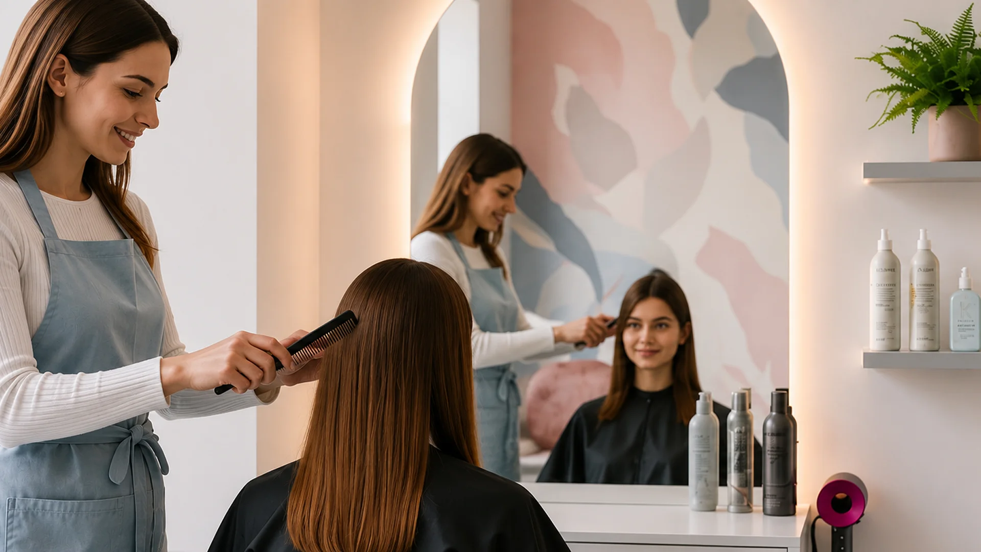 Stylistka czesze włosy klientki w salonie Refleks
